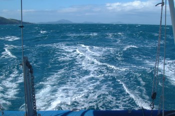 Our foaming wake as we screamed into Airlie Beach