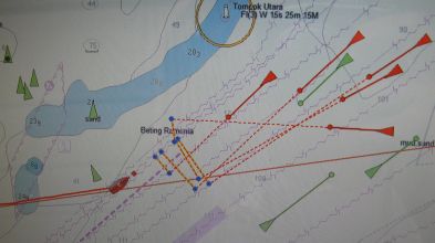 Crossing the busy shipping channel just NE of Singapore