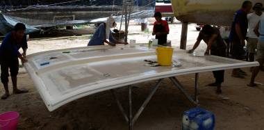 Sanding yesterdays bimini gelcoat so we can spray more