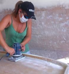 Sanding the bimini for gelcoating