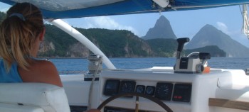 Amanda at the helm, off the Pitons
