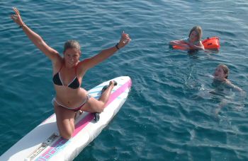 As we had no horses available, Amanda practiced vaulting on the windsurfer