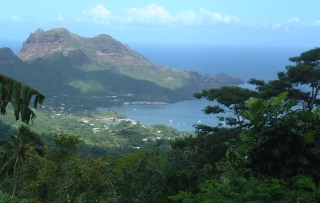 Nuku Hiva's beautiful bays nad mountains, from the hills, Marquesas, Fr. Polynesia