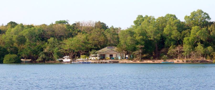 Calait Island headquarters and dinghy dock from the anchorage