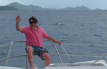 Casey enjoying the bow pulpit as we sail