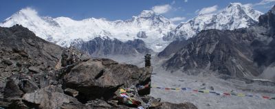 Cho-Oyu massif from prayer flag shrouded Gokyo Ri