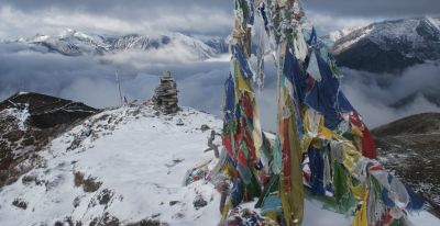 Frozen prayer flags on Dzongri Hill, 4320m/14250', Sikkim, India