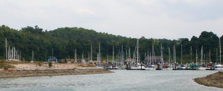 Entering Rebak marina Malaysia. Hard stand and travel lift to left.