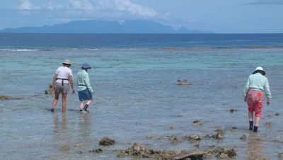 Walking on the dead coral of the fringing reef requires good balance and tough shoes.