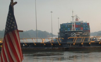 Goodbye Caribbean. Looking down on the Atlantic, after the first lock.