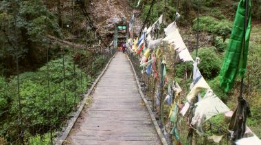 Suspension bridge over the PrekChu,  way below Tsokha, Sikkim, India