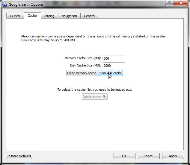 Google Earth Options, Cache tab