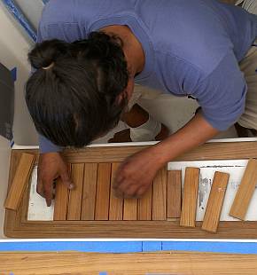 Assembling teak on the companionway step