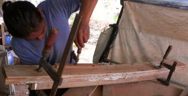 Laminating strips of teak together in a curve for the eyebrows