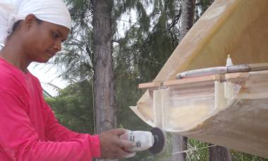 Houa trimming the port transom & the channels for swim ladder