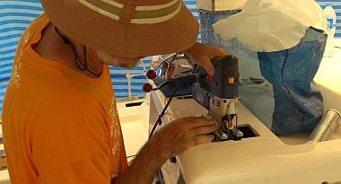 Jon cutting the hole for the engine controls (behind the jigsaw)