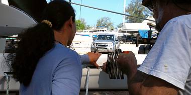 Riveting on the fairleads where the ropes come through the mast