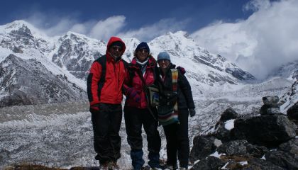 Jon, Sue, Bianca with Kabru Peaks and moraine, Kanchendzonga Nationla Park, Sikkim, India