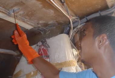 Lek filling the holes caused by decoring in the salon ceiling