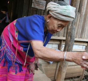 Greeting the matriarch of the Karen village