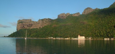 Maupiti's beautiful cliffs lit by morning light.