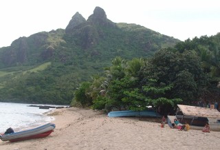 Volcanic spires rise above Nalauwaki village, on Waya