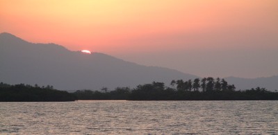 Sunset over the Panamanian mainland from our Nargana anchorage