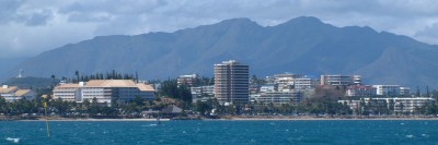 High hills frame the buildings of downtown Noumea, New Caledonia