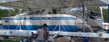 Ocelot on the hard, at Coconuts Boatyard, Phuket, Thailand