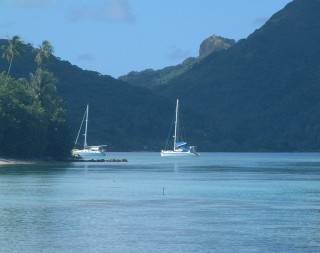 Ocelot at anchor off Fare in Huahine