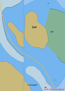 Chart (left) shows Pacific Lily (bottom) is safely in the channel.