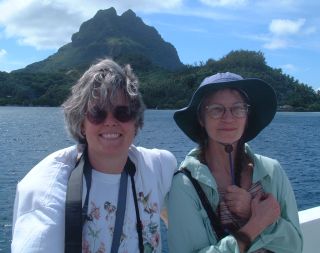 Pam and Kathy, bundled up against the tropical sun.