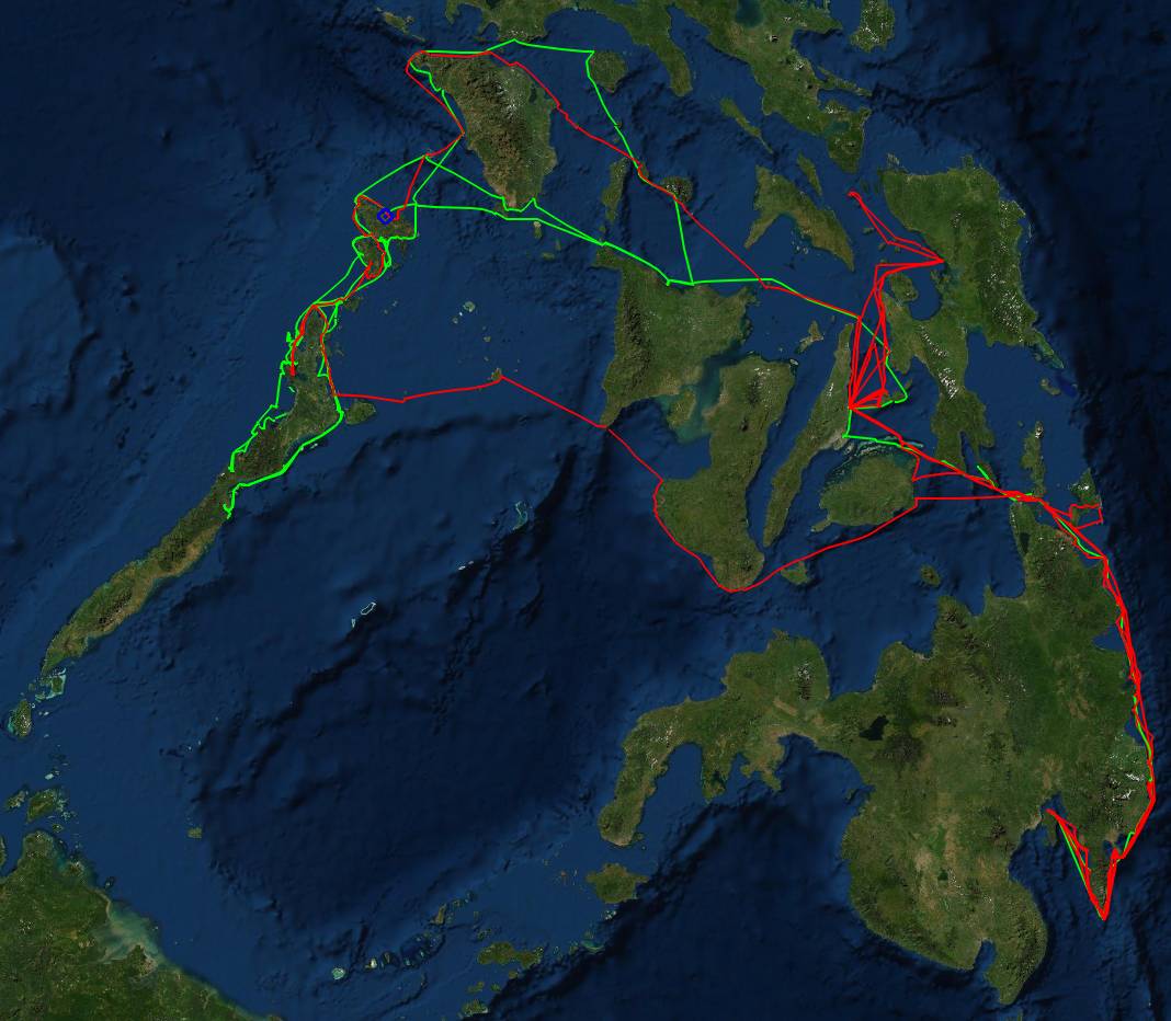 Tracks through the Philippines, Davao (lower right) to Palawan, Ocelot in green, Soggy Paws in red