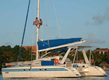 Jon & Amanda installing the radar in Prickly Bay, Grenada