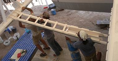 Heru & Lek help Jon mount the anchor platform to the forebeam