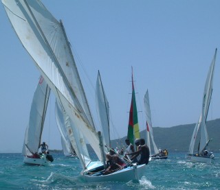 A group of sloops racing hard on the wind