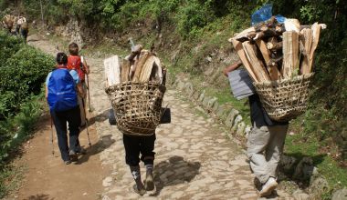 Amanda & Sonia passing woodcutters returning to Lukla