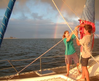 Jon and Amanda setting the spinnaker inside New Caledonia's reef