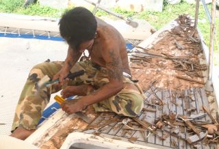 Goodbye teak on starboard bow, Coconuts Boatyard, Phuket, Thailand