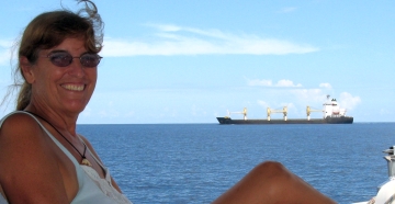 Sue in the cockpit, in the shipping lanes of Malacca Strait