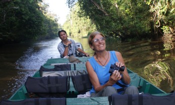 Sue & guide on the Kinabatangan river safari