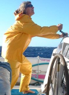 Sue adjusts the jib after a squall