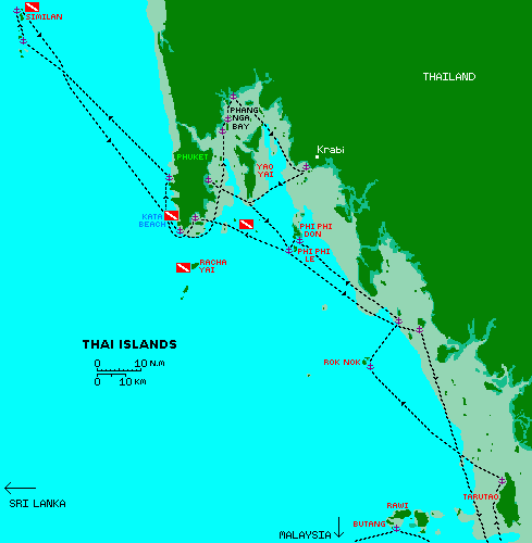 Our tracks and dive locations through coastal Thailand