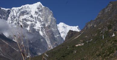 Thame Monastery, nestled under towering massifs