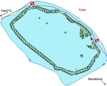 Toau Atoll, showing our tracks and 2 anchorages