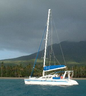 Ocelot at anchor, with Nevis Peak beyond