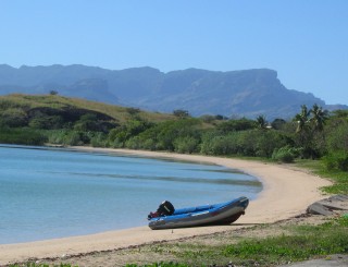 Our dinghy, Tom Cat, on the beach at Saweni Bay.
