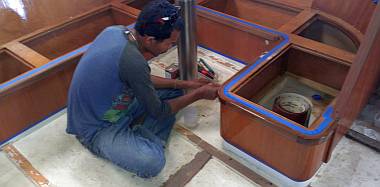 The skirts of the salon seats got their first coat of polyurethane